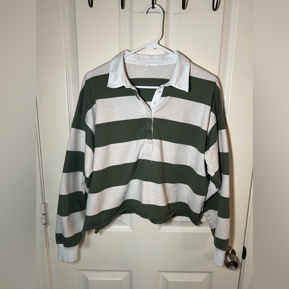 aerie Long Sleeve Rugby Stripe Polo in Green and White